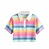 Damen Regenbogen Übergroßer Kurzer Pullover gestreift Hoodies Casual Crop Top Crop Sweatshirt Damen Umlegekragen Langarm, kurz pink, 36