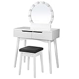 SONGMICS Schminktisch mit Beleuchtung, Frisiertisch mit Spiegel und Glühbirnen, Kosmetiktisch, Frisierkommode, für EIN perfektes Make-up, gepolsterter Hocker, 2 große Schubladen, weiß RDT11WL