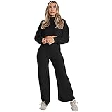 Carolilly Damen Herbst Winter Anzug Einfarbig Halb Hoher Hals Langarm Top + Lange Weite Bein Hose Streetwear Anzug Sportswear Bequem Sex Pyjama Set, Schwarz , 42
