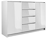 NOXEN Kommode weiß glänzend, Schlafzimmermöbel, Schrank, vier Schubladen, Nachttisch, Schrank für Zuhause, Wohnzimmer, F