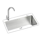 Einzelne Schüssel T304 Edelstahl Küchenspüle Drop-In oder Unterbau, Seifenspender mit 304 gebogenem Wasserhahn, Küchendekoration, Silberfarben, 75 x 45