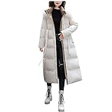 Damen Winterjacke, langer Mantel, Puffer, Wintermantel, Blasen, für Damen, breiter Mantel, mit Gürtel, dick, hält warm, weiß, 48