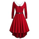 JISHII Vintage Weihnachtskleid für Damen Langarm Weihnachtskleid mit V-Ausschnitt aus Plüsch Weihnachtsmann Kostüm Elegant Party Kleider Weihnachtsfrau Midi Kleid Cocktail Frauen Kostü