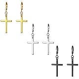 JewelryWe Schmuck 3 Paar Unisex Creolen, Edelstahl Klassisches Kreuz Ohrringe Ohrstecker Ohrhänger Ohr-Piercing für Herren Damen, Schwarz Gold Silb