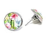 JUANLOWE Hibiskus & Kolibri Ohrringe mit Hawaii Motiv, silberfarben Edelstahl mit Cabochon Ohrstecker, Südsee Blumen Steck