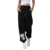 SCBFDI Hose mit Löwenzahn-Print für Damen Lockere Freizeitsporthose Schwarze Hose mit elastischen Füßen und T