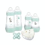 MAM Set zur Geburt Nature Aqua (4 Fläschchen + 1 Schnuller + 1 Doseusbox), MAM Easy Start Anti-Colic Babyflaschen ab der Geburt, mit extra weichem Silikonschnuller, grau, 9001616822391