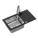 VBChome Spülbecken mit Armatur 78x44 Schwarz Edehlstahlbecken Granit Küchenspüle Siphon reversibel gesprenkelt Abtroffläche Verbundabtropffläche Einbauspüle Einzelbecken Modern Flexibel W