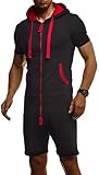 Leif Nelson Herren Kurze Jumpsuit für Sommer Kurze Hose Kurzarm Overall Onesie Männer T-Shirt Kapuze Sommerjumpsuit Schlafanzug kurzer Jogginganzug Trainingsanzug LN8313; Größe M; Schwarz-R