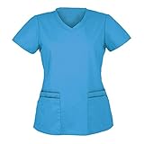 Damen Kasack Pflege V-Ausschnitt Mock Wrap Scrub Unisex Top Sommer LäSsig Sommer Arbeitsuniform Bluse T-Shirt Uniformen Einfarbig Kurzarm Gute QualitäT V-Neck Top Plus S