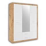 Stella Trading STONE Eleganter Kleiderschrank mit viel Stauraum & Spiegeltür - Vielseitiger Drehtürenschrank in Artisan Eiche Optik & Weiß - 151 x 198 x 55 cm (B/H/T)