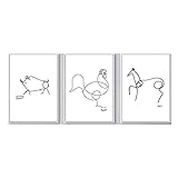 LTXMZ Minimalistische Strichzeichnung Poster Picasso Tiere Malen Hahn Picasso GemäLde Leinwand Poster Schwarz-Weiß-Wandbilder Raumdekor 30x40cmx3 Kein R
