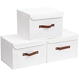 Yawinhe 3 Stück Aufbewahrungsbox mit Deckel, Faltbare Leinentuch Kleidung Ablagekorb für Handtücher, Bücher, Spielzeug, Kleidung (Weiß, 45x30x30cm)