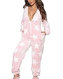 Minetom Damen Jumpsuit Kuschelig Einteiler Schlafanzug Drucken Pyjama Mit Kapuze Overall Weihnachten Schlafanzug Lang Weihnachtspyjama Hausanzug Freizeitanzug A Stern S