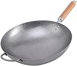 Couner Traditioneller Wok aus Kohlenstoffstahl, Handgehämmerte Wok-Pfanne mit Helfer Griff aus Holz und Stahl, Rundboden Chinesische Wok