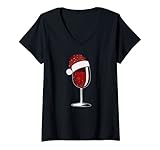 Damen Weinglas Mit Rotwein Und Weihnachts Mütze Wein T-Shirt mit V