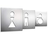 PHOS Design, PSK-B2, WC-Türschild-Set 12 x 12 cm, Mann, Frau und Rollstuhl-Fahrer, Edelstahl gebürstet selbstklebend, Toiletten-Schild Set zum Kleben, Hinweis-Schild, Herren Damen Symbole Piktog