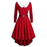 Lazzboy Weihnachten Kostüm Damen Kleider Frauen Faux-plüsch-Panel Langarm V-Kragen Partykleid Party Weihnachtsmann Santa Claus Weihnachtskleider Rotes Weihnachtsfrau Midi Kleid (5XL,Rot)