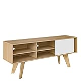 MOMMA HOME TV-Möbel für Wohnzimmer, TV-Schrank mit offener Regale und Schiebetür, Weiß und Eiche, Holzbeine, Modell PerVIP, 160 cm (Länge) x 65 cm (Höhe) x 40 cm (Tiefe)