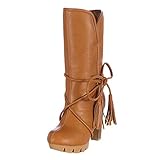 Xmiral Damen Lederstiefel Mit Hohem Absatz Plüschfutter Schnürhalbschuhe Lange Stiefel Winter Boots (Gelb, 36)