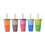 ZDNB Farbveränderung der Tumbler Cups mit Deckel Straws - 5 Pack Reusable Bulk Tumblers mit Straws for Cold Drink - 24oz Plastic Cup Travel Tumbler Set für Erw