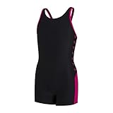 Speedo Boom Logo Splice Legsuit Mädchen Badeanzug, Schwarz/Electric Pink, 13-14 J