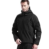 FREE SOLDIER Herren Winterjacke Military Softshell Jacken Outdoor Fleecefutter Winddichte wasserdichte Jacke mit Kapuze Warme Taktische Jacken mit Mehreren Taschen für Jagdausflüge(Schwarz,L)