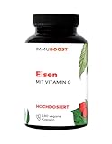 ImmuBoost® Premium (Bisglycinat) Eisen mit natürlichem Vitamin C | laborgeprüft aus DE & ohne Überdosierung | 100% Tagesbedarf Eisen + 50% Tagesbedarf pflanzliches Vitamin C | 180 vegane Kap