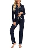 Samring Damen-Schlafanzug, langärmelig, Nachtwäsche, Knopfleiste, Pyjama-Set, weiche Loungewear, Pyjama-Set für Frauen, S-XXL, marineblau, M