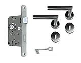 SN-TEC Zimmertür Komplett Set, Edelstahl Rosetten Beschlag L-Form (beidseitig Drücker) + Buntbart BB Schloss incl. Schlüssel (DIN Rechts)