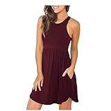 TYTUOO Fashion Damen Kleid Sexy Rundhals Ärmellos Casual Weste Sundress Große Swing Minikleid mit Taschen, B-Wein, S