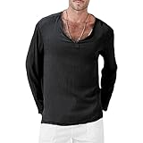 T-Shirt Herren Slim Fit Stretch Dünnschliff Frühling Sommer Herren Longsleeve Shirt V-Ausschnitt Einfarbig Licht Flachs Wicking Breathable Herren Base Shirt B-Black S