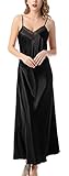 FEOYA Damen Pyjama, Kleid, lang, Spitze, dekoriert, Nachtkleid, verstellbare Träger, Satin, Kleid, sexy, elegant, V-förmig, leicht, lässig, S-L Gr. L, Schw