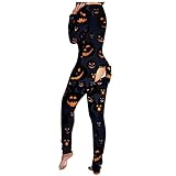 BIBOKAOKE Damen Overall Halloween Kürbis Druck Schlafanzug One Piece Jumpsuit Butt Button Back Flap Jumpsuit Pyjama Overall Einteiler Bodycon Bodysuit Strampler Hoseanzug Romp