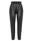 Lederhose damen Jeans damen high waist jeans damen leggings damen high waist hose damen schwarze hose damen Thermo Fleece damen hose kunstleder lederimitat hose damen Paperbag leder Schwarz 38 M
