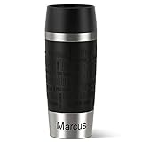 Emsa Isolierbecher MIT Gravur (z.B. Namen) 360ml TRAVEL Mug Schwarz mit persönlicher Rundgravur, Travelmug Kaffee & Tee Thermo to-go-Becher mit Quick Press Verschluss 100%