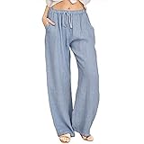 Puimentiua Sommerhose Damen Leinenhose Leicht Haremshose Luftige Freizeithose Stoffhose Lässige Lockere Viskose Elastisch Bund Sweathose Weich Strandhose Einfarbig(Hellblau，XXL)