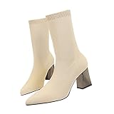 Damen 7cm Stretch Chunky Stiefel bis zur Mitte der Wade Casual Dress Combat Booties Winter Comfort Square Heels (34EU,Aprikose)