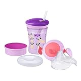 NUK 3-in-1 Trinklernset mit Trainer Cup Schnabeltasse (6+ Monate), Magic Cup 360° Trinklernbecher (8+ M) & Action Cup Trinkflasche Kinder (12+ M) | 230 ml | BPA-frei | Hund (lila)