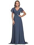 Ever-Pretty Damen Abendkleid Frau A-Linie Chiffon Festliches Kleid V Ausschnitt Hochzeit Bodenlang Staubige Marine 48