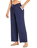 Cestyle Damen Yogahose mit weitem Bein, leger, mit Kreuz-Taille, plissiert, Workout, bequem, Sweatpants mit Taschen, blau, XX-Larg