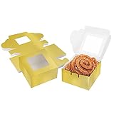 Belle Vous Geschenkboxen Pappe Gold Karton mit Sichtfenster für Gebäck (50Stk) 10,16x 10,16x 5,7cm Karton Boxen Kuchen Box Karton – Cupcake Geschenkbox Einweg Box für Kekse, Kuchen, Dessert, Geschenk