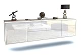 TV Schrank Lowboard hängend - Erlangen - Korpus Weiss matt - Front Hochglanz Design Weiß- (180x49x35cm) - Push to Open Technik & hochwertigen Leichtlaufschienen - Made in Germany