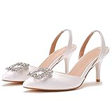 Damen Strass Sandalen Elfenbein Spitze Stiletto Pumps Brautschuhe Kristall Hochzeitsschuhe Wedding Shoes Elegante Knöchelriemen Braut Hochzeit Schuhe High Heels,Weiß,39 EU
