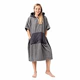 Surf-Poncho für Baden und Sport - L/XL - Hellgrau- Frottee 100% Baumwolle - Damen Poncho, Herren Poncho warm flauschig Umziehhilfe Erwachsene mit Tasche Kapuze - Ideal für Surfen, Strand, B