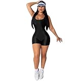 ZHZHUANG Damen Sleeveless Spaghetti Strap Low-Cut Backless Kurzer Overall Stretch Baumwolle Skinny Solid Sport Active Unitard Bodysuit Strampler/Schwarz/X