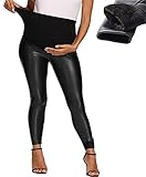 AIRMOOD Warme Umstands-Leggings Aus Kunstleder Mit Fleece-Futter Schwarz Plus Size, Verstellbare Post-Mutterschafts-Strumpfhosen-Hose,L