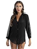 YUUMIN Chiffon Hemd Sexy Schlaf-Hemd Durchsichtig Transparent Dessous Shirt Frauen Mesh Bluse Shirt Langarm Nachtwäsche Casual Beach Tops Vertuschung Sommer Schwarz L