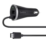 Belkin USB C Kfz Ladegerät mit USB A Buchse,3A,15 Watt, fixes USB C Kabel und USB A Buchse, geeignet für Google Pixel, Nexus 5X, Nexus 6P, OnePlus 2, OnePlus 3, Lumia 950, HTC 10 Schw