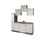 RIWAA - Singleküche BELFAST - 10-teilig - inkl. Einbau-Kühlschrank, 2er Elektro-Kochfeld und Spüle - Breite 180 cm - Creme Samtmatt/Eiche Dek